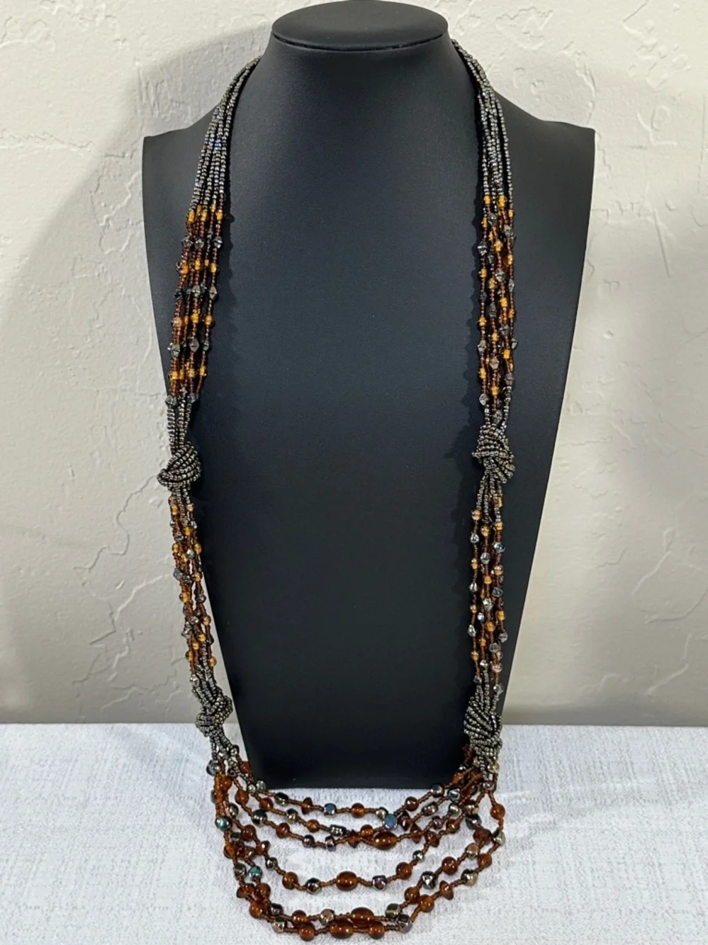 Multi-Strand Torsade Style Glass Brown, Amber & Iridescent Bead Necklace